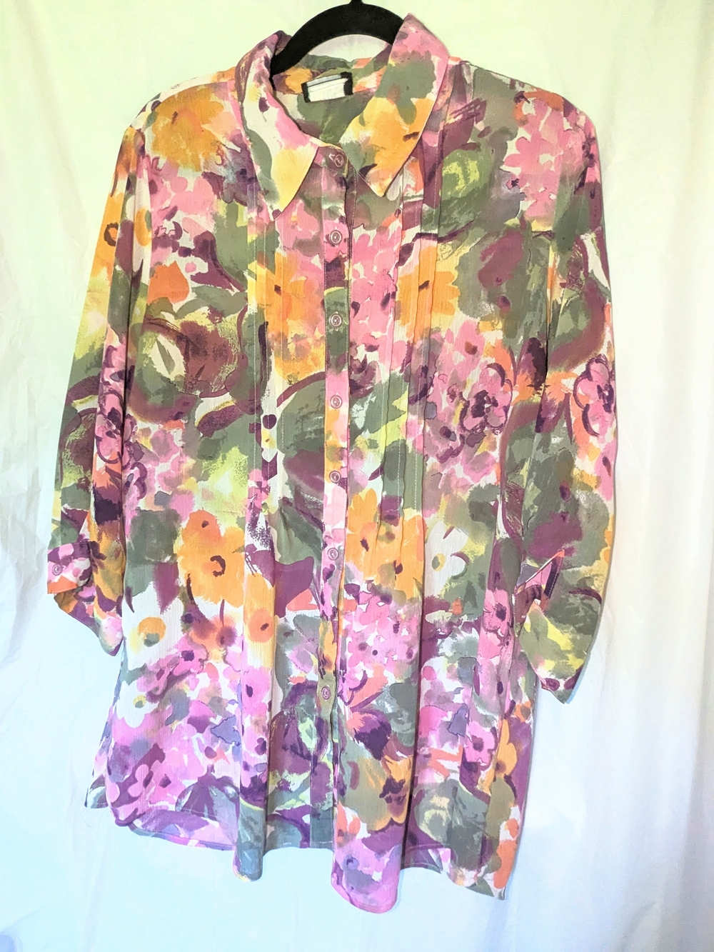 Floral Watercolor Button-up Tunic in Pink, Yellow and Green